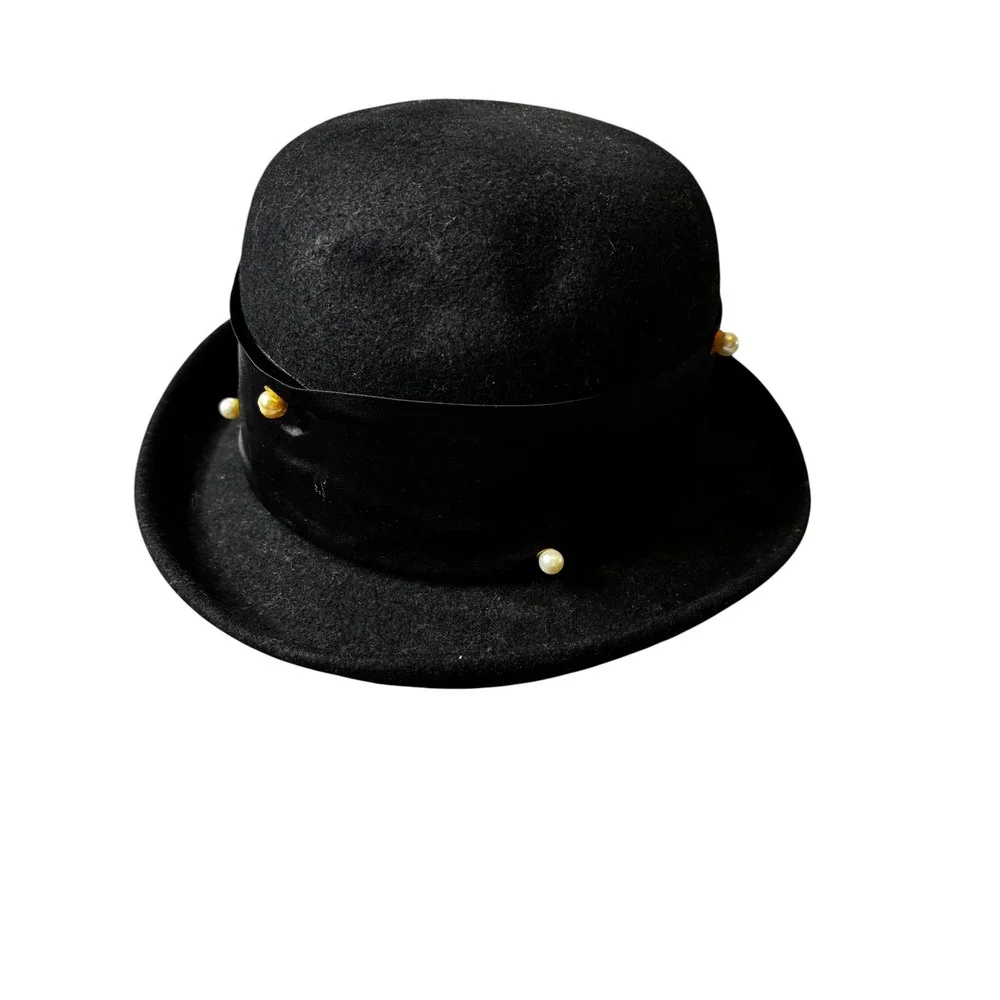 Lancaster Black 100% Wool Bowler Hat Satin Rose Faux Pearl Accents Made in USA